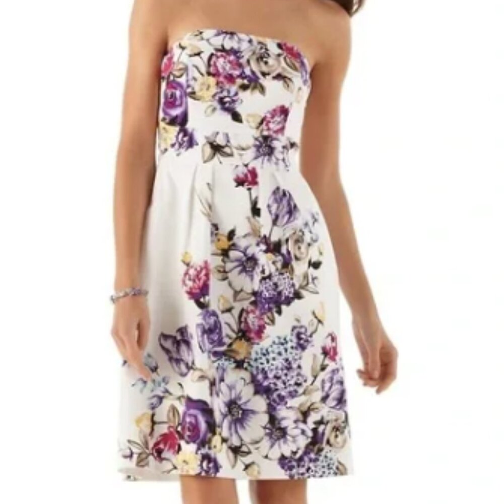 White House Black Market Strapless Floral Dress in White, Purple, Pink
